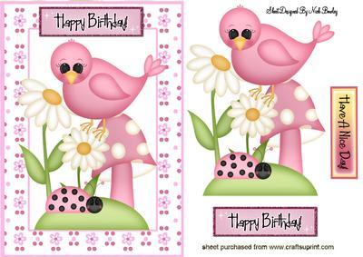 Little Pink Bird in the Garden with Flowers