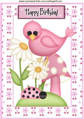 Little Pink Bird in the Garden with Flowers A4