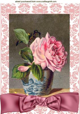 Pink Rose in a Vase with Bow A4