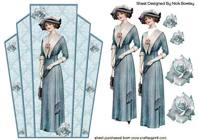 Art Deco Topper of Vintage Lady with Blue Roses