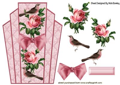 Art Deco Topper of Pink Roses and Birds