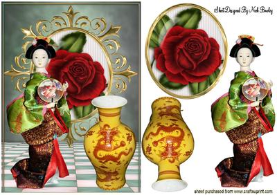 Pretty Oriental Lady with Vase & Red Rose