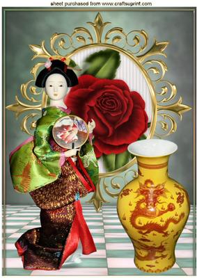 Pretty Oriental Lady with Vase & Red Rose A4