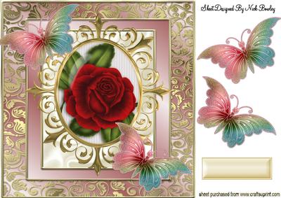 Red Rose, with Rainbow Butterflies in Ornate Frame 8x8