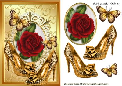 Gold Sparkle Shoes with Red Rose