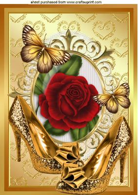 Gold Sparkle Shoes with Red Rose A4