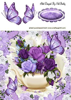 Pretty Purple & Pink Roses in a Teapot, 8x8