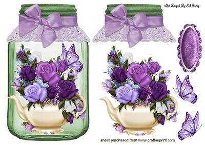 Purple Roses in Teapot, in a Jar with Bow