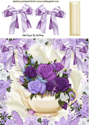 Lilac/pink Roses with Cream Teapot, & Satin Bows 8x8