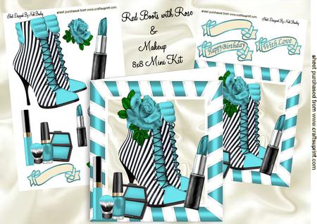 Turq Stripe Boot with Makeup 8x8 Mini Kit