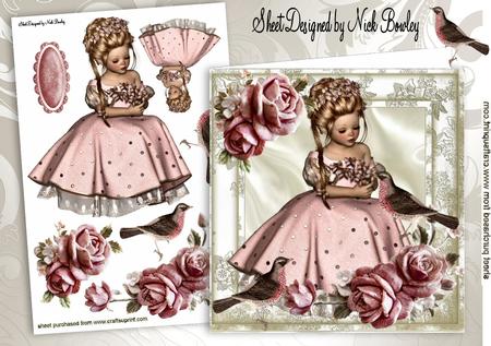 Pretty Girl Sitting with Little Birds & Roses 8x8 Mini Kit