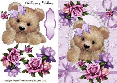 Cute Fuzzy Bear in Bows and Pearls with Roses