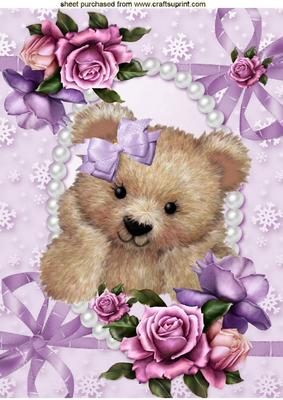 Cute Fuzzy Bear in Bows and Pearls with Roses A4