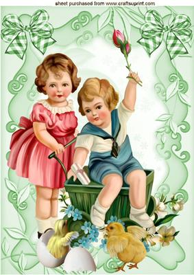 Vintage Children Playing with Little Chicks A4
