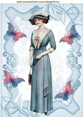 Vintage Lady in Blue with Butterflies A4
