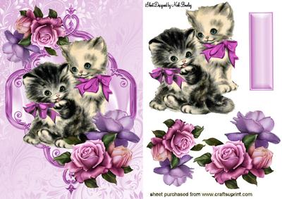 Vintage Kittens with Pink Roses in Frame