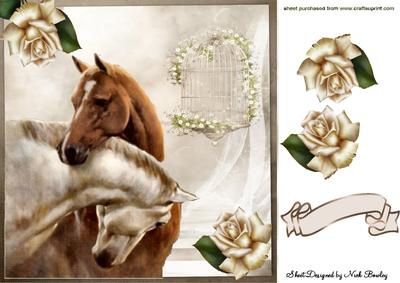 Horses with Heads Entwined with Cream Roses 8x8