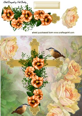 Gold Cross, with Peach Flowers , Roses & Birds 8x8