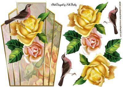 Yellow & Peach Roses with Little Bird Art Deco Topper