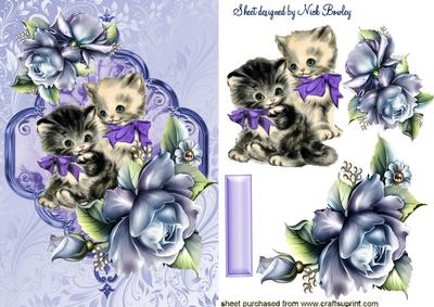 Vintage Kittens with Blue Roses