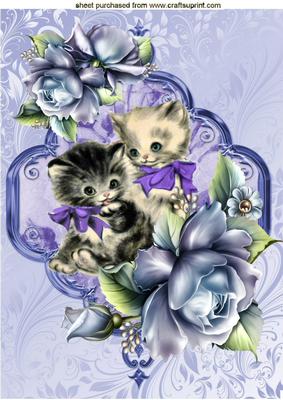 Vintage Kittens with Blue Roses A4