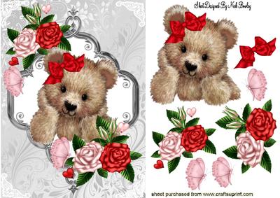 Fuzzy Bear with Red/pink Roses & Butterflies