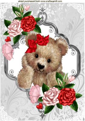 Fuzzy Bear with Red/pink Roses & Butterflies A4