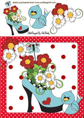 Pretty Shoe with Blooms of Flowers and Bird 8x8