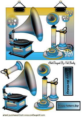 Old Gramophone and Phone in Turq Steampunk