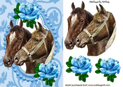 Horses with Blue Roses in Ornate Frame