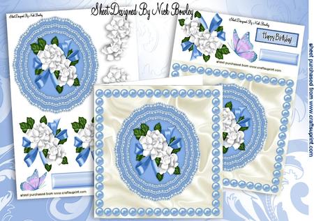 Blue Lace Doilie with White Roses & Pearls 8x8 Mini Kit
