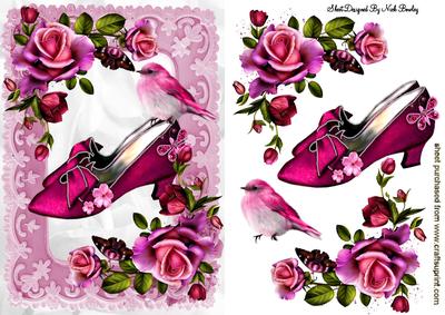 Pink Ladies Vintage Shoe with Roses & Bird