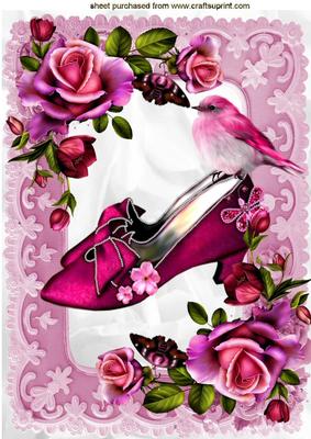 Pink Ladies Vintage Shoe with Roses & Bird A4
