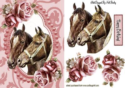 Horses in Bead Frame with Pink Roses