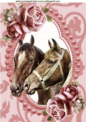 Horses in Bead Frame with Pink Roses A4