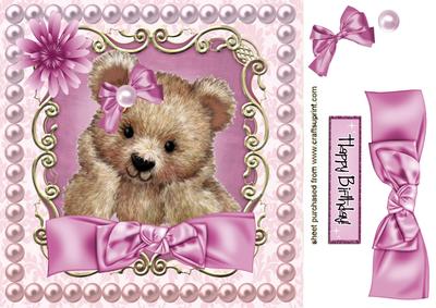 Fuzzy Bear in Pink Pearl Frame with Bow 8x8
