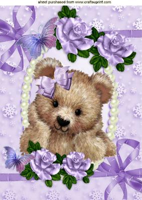Fuzzy Bear with Pearls, Lilac Roses & Butterflies A4