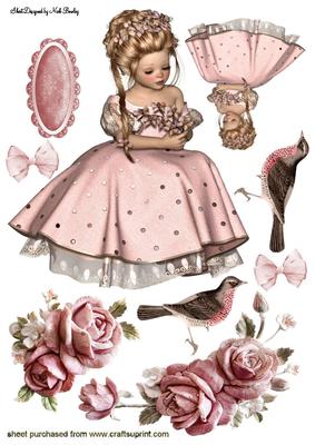Pretty in Pink, Girl with Roses and Bows A4