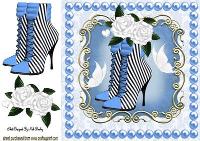 Blue Stripe Boots with White Roses, White Butterflies 8x8