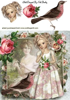 Pretty Girl with Bird, and Roses 8x8