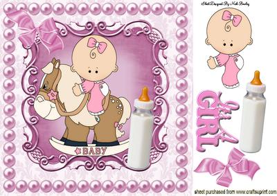 Pretty Baby on Pink Rocking Horse with Bottle 8x8