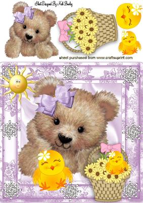 Fuzzy Bear with Basket of Daisies & Chick 8x8