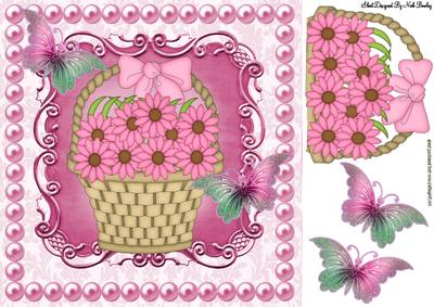 Basket of Pink Daisies with Butterflies 8x8