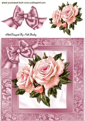 Pink Roses in Ornate Frame with Bow 8x8