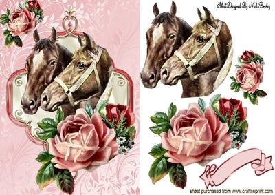 Vintage Horses with Pink Roses in Ornate Frame