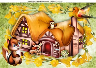 Cottage with Cute Little Animals in the Woods A4