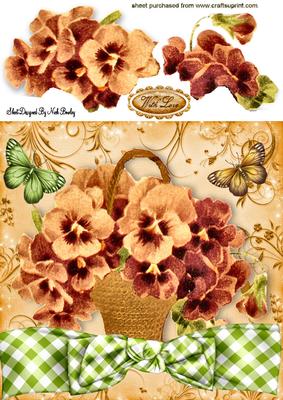 Vintage Peach Pansies in a Basket with Gingham Bow 8x8