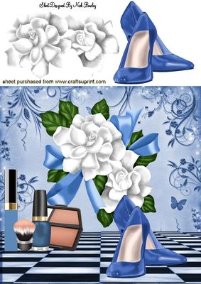 Blue Shoes White Roses with Bow 8x8