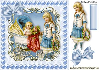 Vintage Little Girl with Pram in Pearl Frame 8x8