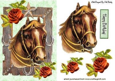 Brown Horse in Ornate Frame with Red Roses